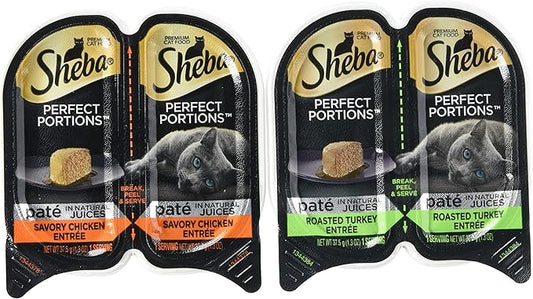 Sheba Perfect Portions Wet Cat Food, Savory Chicken Entrée and Roasted Turkey Entrée, (12) 2.6 Oz Twin-Pack Trays