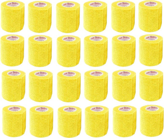 2 Inch Vet Wrap Tape Bulk (Yellow) (Pack of 24) Self Adhesive Adherent Adhering Flex Bandage Grip Roll for Dog Cat Pet Horse