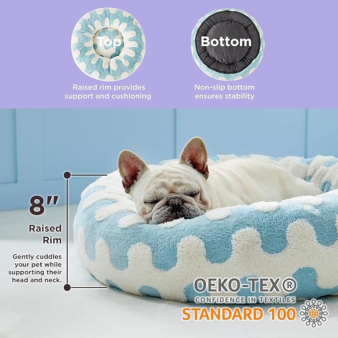 Lesure Donut Small Dog Bed - Round Cat Beds for Indoor Cats Anti-Anxiety Calming Pet Beds, Washable Cute Modern Beds with Teddy Sherpa Plush & Anti Slip Bottom Light Blue