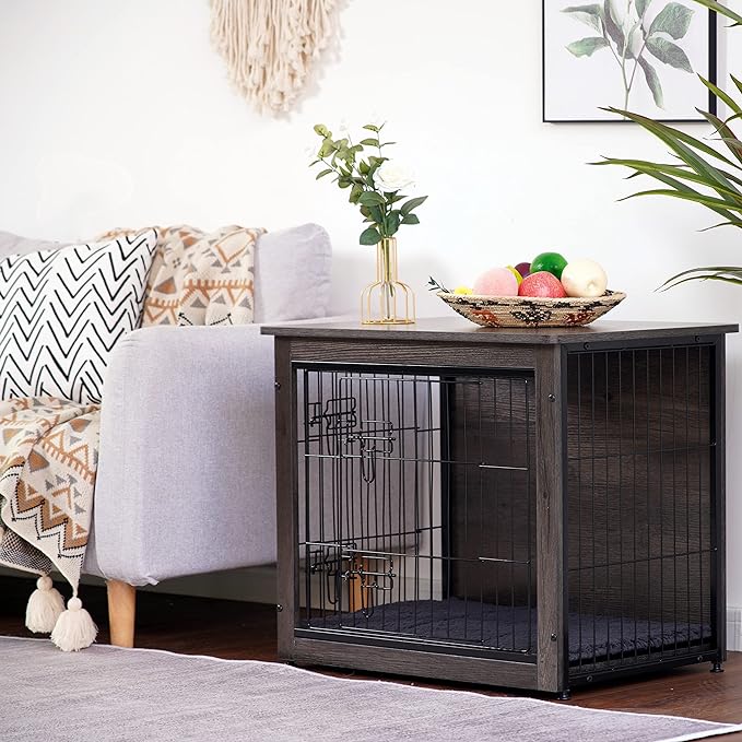 DWANTON Dog Crate Furniture with Cushion, Wooden Crate with Double Doors, Dog Kennel Indoor for Small/Medium/Large Dog, End Table, Small, 27.2" L, Dark Grey