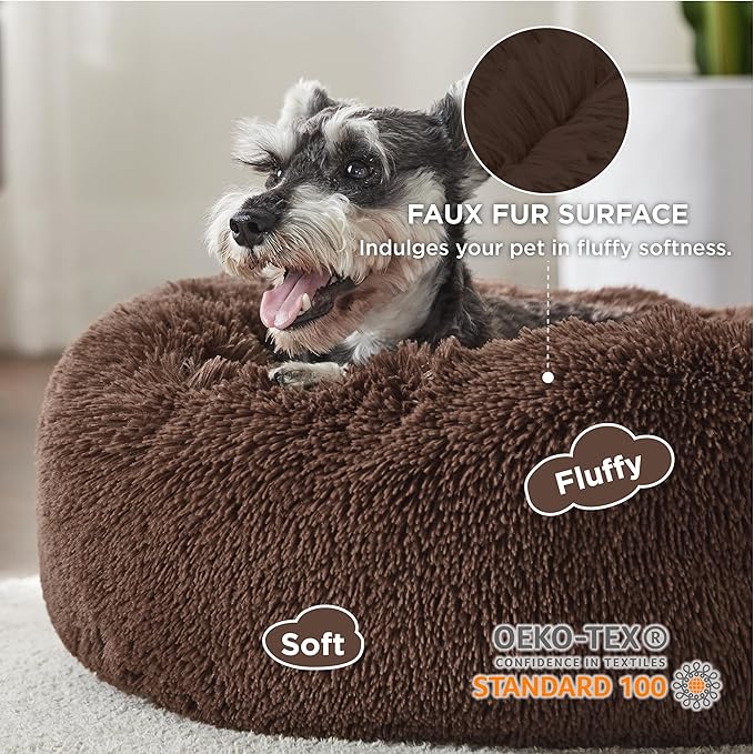 Bedsure Calming Dog Bed for Small Dogs - Donut Washable Small Pet Bed, 23 inches Anti-Slip Round Fluffy Plush Faux Fur Large Cat Bed, Fits up to 25 lbs Pets, Coffee