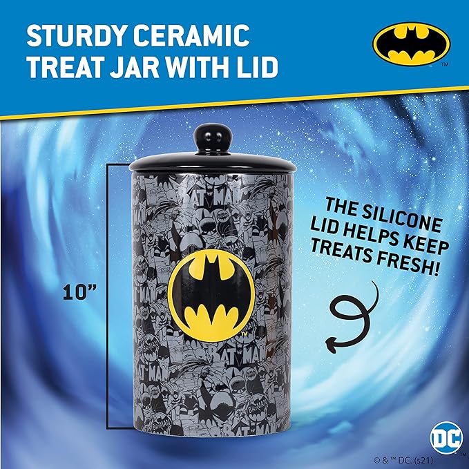 DC Comics Batman Vintage Ceramic Dog Treat Jar | 10"x 5" Dog Treat Jar with Lid | Dishwasher Safe Batman Black Dog Food Storage Container Cylinder for Dog Treats