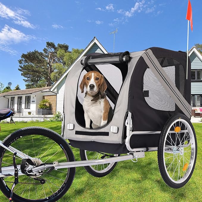 Bike Dog Trailer Folding Cart Frame with 3 Entrances Safety Flag 8 Reflectors, 20" Rear Wheels, Quick Conversion Bicycle Carrier for Medium Small Pets