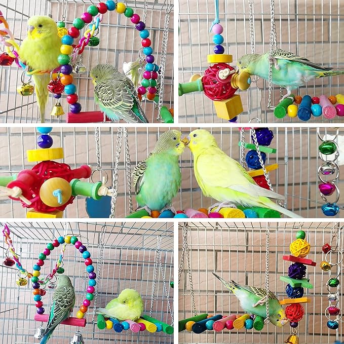 8 Pcs Parakeet Cockatiel Bird Toys, Hanging Bell Pet Bird Cage Hammock Swing Toy Wooden Perch Chewing Toy for Budgerigar, Conures, Love Birds, Finches, Mynah