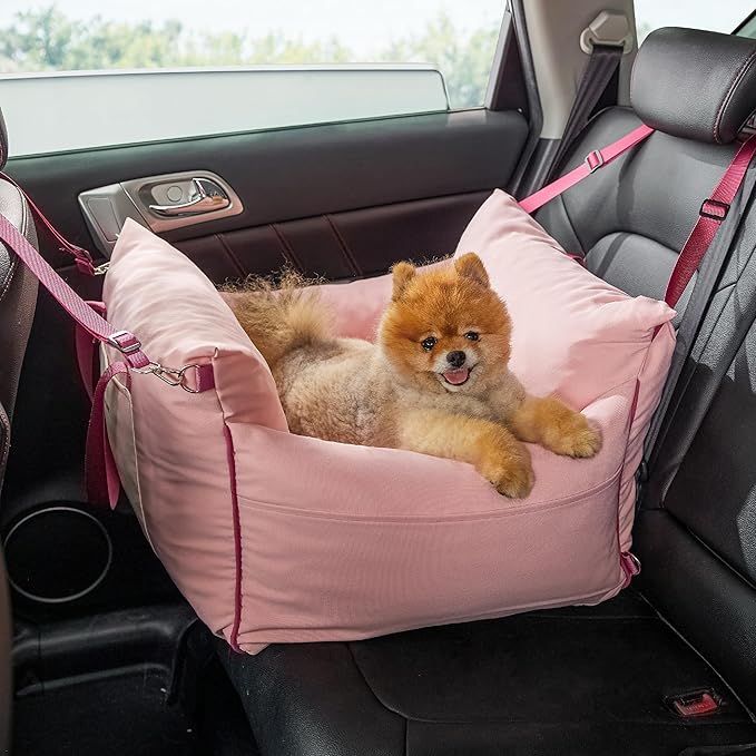 Lesure Small Dog Car Seat for Small Dogs - Waterproof Dog Booster Seat for Car with Storage Pockets and Clip-On Safety Leash and Thickened Memory Foam Filling, Pet Travel Carrier Bed Strawberry Cream