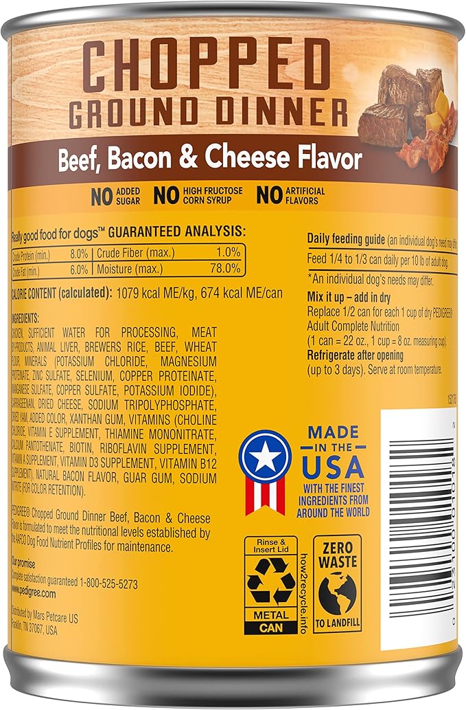 PEDIGREE CHOPPED GROUND DINNER Adult Canned Soft Wet Dog Food Beef, Bacon & Cheese Flavor, 22 oz. Cans (Pack of 12)