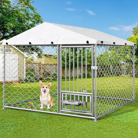 6.7' x 6.7' x 5' Outdoor Dog Kennel with Roof, Outside Dog Kennel with UV-Resistant & Waterproof Cover, Dog Kennel Outside with Rotating Feeding Bowls, Covered Outdoor Kennel for Dogs