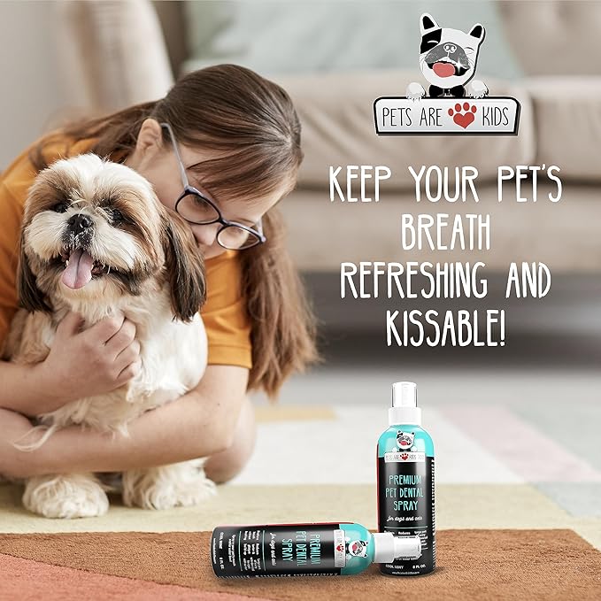 Pets Are Kids Too Premium Pet Dental Spray - 8oz Mint Dog Breath Freshener Cat Dental Care Dog Dental Mouthwash Dog Spray Dog Teeth Cleaning Fights Tartar Plaque Gum Disease Dog Breath Water Additive