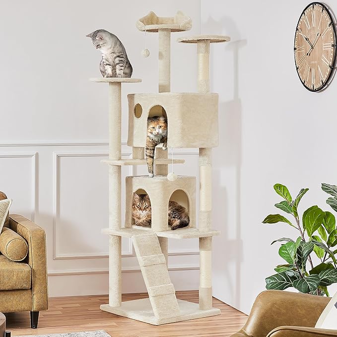 Yaheetech XL Cat Tree, 80in Multi-Level Cat Tower w/Cat Scratching Posts, Double Cat Condo, Perched Platforms and Dangling Balls, Cat Stand House for Kittens Pet, Beige