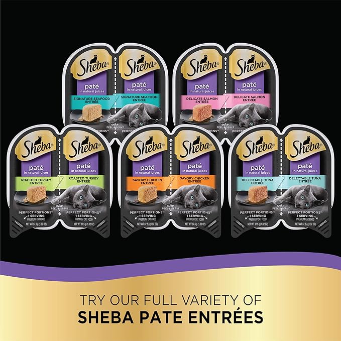 SHEBA PERFECT PORTIONS Paté Wet Cat Food Trays (36 Count, 72 Servings), Savory Chicken, Tender Beef, Tender Whitefish & Tuna Entrée, Easy Peel Twin-Pack Trays