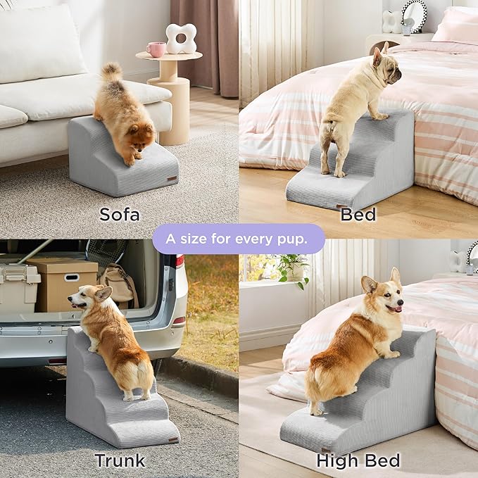 Lesure Dog Stairs for Small dogs - Dog Ramp for Bed and Couch with CertiPUR-US Certified Foam, Pet Steps with Non-Slip Bottom for Old Cats, Injured Doggies and Puppies, Glacier Gray, 4 Steps