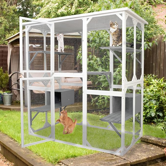 72 Inch Wooden Catio Outdoor Cat Enclosure on Wheels, Luxury Kitty-House with 8 Jumping Platforms & Weatherproof Asphalt Roof, Kitty Condo Cage Shelter Playpen with Sliding Doors