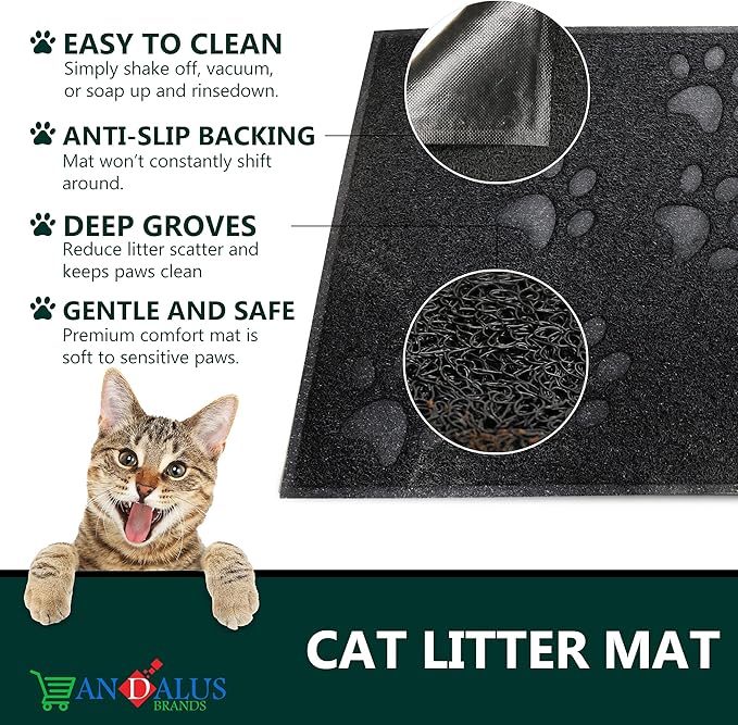 Andalus Medium Cat Litter Mat, Pack of 2 - Waterproof, Non-Slip & Easy to Clean Cat Litter Box Mat for Extra Efficient Pet Litter-Trapping, Black (23.5” X 15.75”)