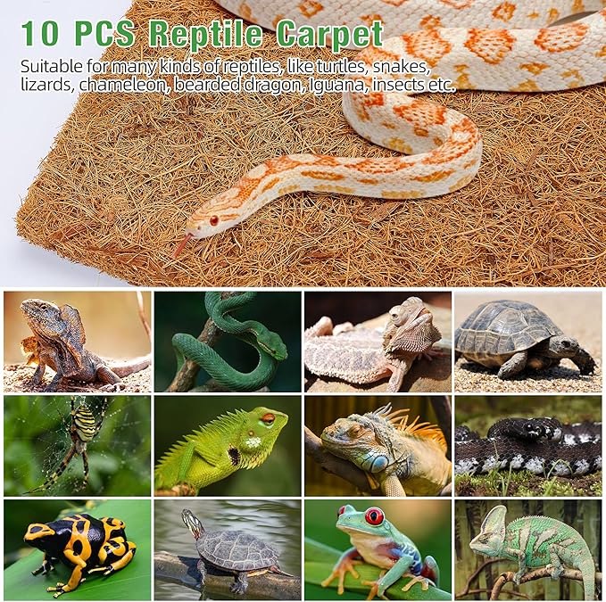 ZeeDix 10 Pieces Reptile Carpet- 12 x 12 inches Natural Coconut Fiber Pet Mat Tortoise Carpet Mat Coco Fiber Substrate Liner Pet Terrarium Liner for Lizard Turtle Snake Gecko Bearded Dragon