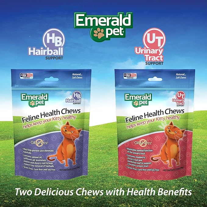 Emerald Pet Feline Health Chews Hairball Support — Natural Grain Free Feline Hairball Control Chews — Hairball Control Cat Supplements for Hairball Prevention and Elimination — Made in USA, 2.5 oz