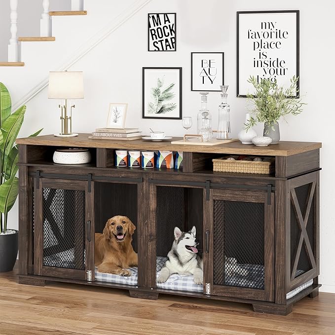 71" Extra Large Dog Crate Furniture,Wooden Double Dog Crates Kennel Cage,Furniture Style TV Stand Side End Table for 2 Dogs with Removable Divider for Large Dogs,Dark Walnut/Light