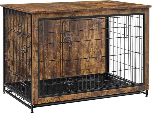 Feandrea Dog Crate Furniture, Side End Table, Modern Kennel for Dogs Indoor up to 80 lb, Heavy-Duty Dog Cage with Multi-Purpose Removable Tray, Double-Door Dog House, Rustic Brown UPFC004X01