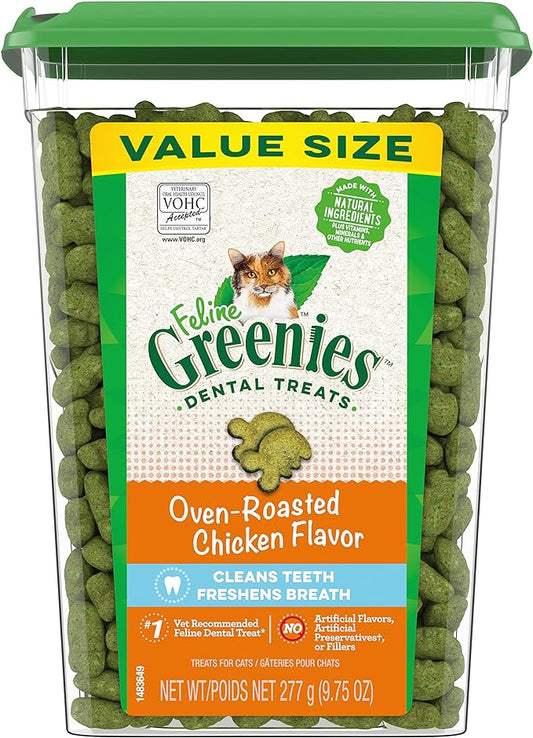 Greenies Feline Adult Natural Dental Cat Treats, Oven Roasted Chicken Flavor, 9.75 oz. Tub