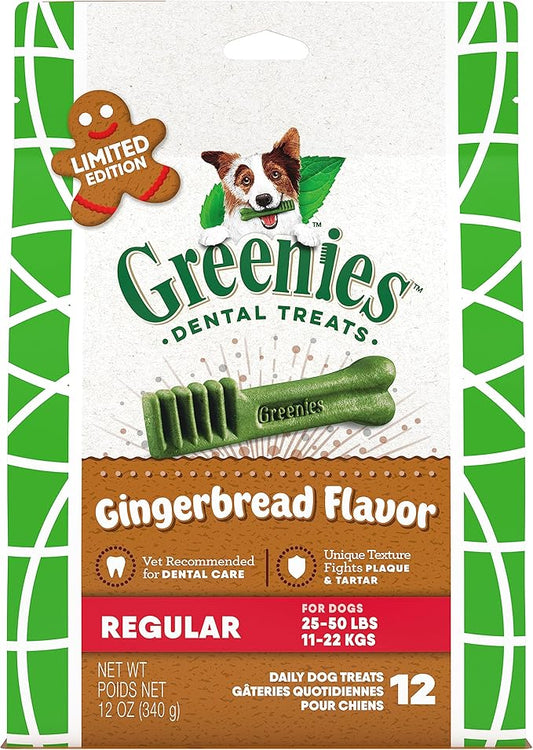 Greenies Gingerbread Flavor Regular Size Veterinarian-Recommended for Dental Care, Dog Treat Chews, Great Holiday Dog Stocking Stuffers, Limited Edition, 12 oz. Pack of 12