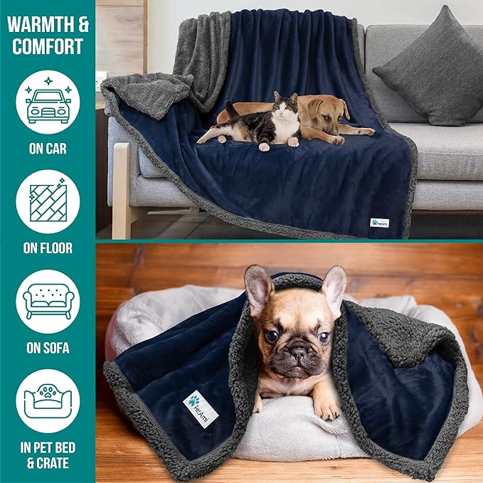 PetAmi WATERPROOF Dog Blanket for Bed, XL Dog Pet Blanket Couch Cover Protection, Sherpa Fleece Leakproof Bed Blanket for Crate Kennel Sofa Furniture Protector, Reversible Soft Plush 80x60 Navy Gray