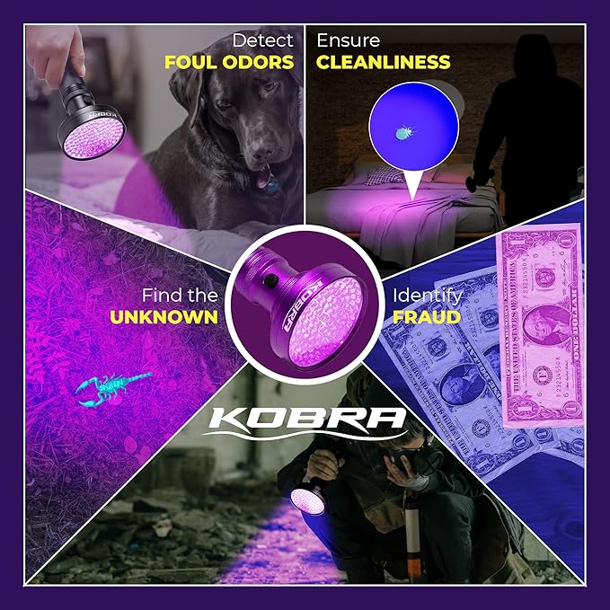 Kobra Black Light Flashlight 100 LED Lamp and Blacklight for Home & Hotel Inspection, Pet Urine & Stains - Ultra Intensity 18W 385-395nm LEDs Spot Counterfeit Money, Leaks, Scorpions