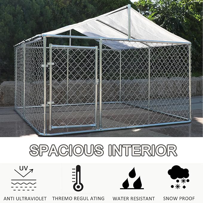 Dog Kennel Outdoor Dog House, Large Heavy Duty Dog Cage w/Waterproof Cover, Galvanized Steel Dog Fence House w/Secure Lock, Anti Rust Dog Enclosure Playpen for Backyard,90 x 90 x 65 in