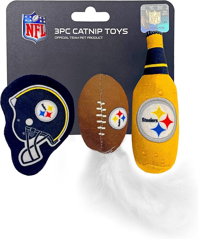 BEST PLUSH CAT TOY NFL PITTSBURGH STEELERS Complete Set of 3 piece Cat Toys filled with Fresh Catnip. Includes: 1 Helmet Cat Toy, 1 Football Cat Toy with Feathers & 1 Beer Bottle. Beautiful Team LOGOS