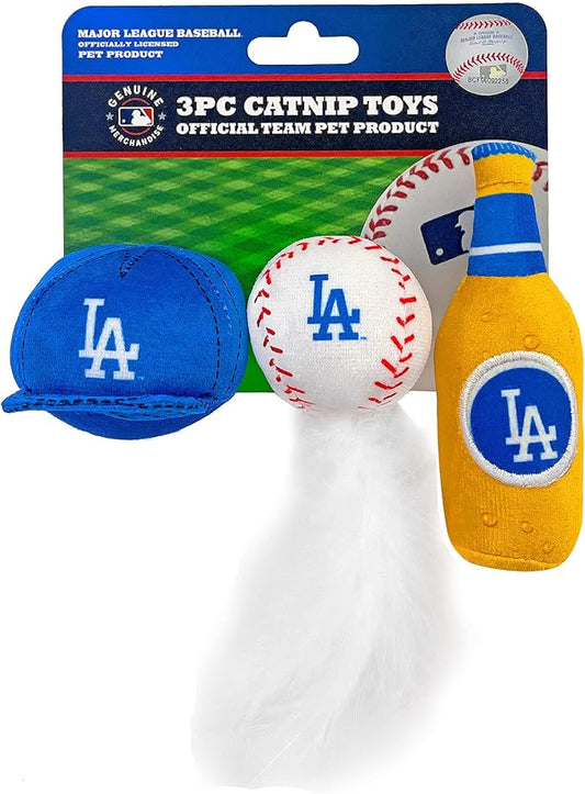 BEST PLUSH CAT TOY MLB LOS ANGELES DODGERS Complete Set of 3 piece Cat Toys filled with Fresh Catnip. Inc: 1 Baseball Cap Cat Toy, 1 Baseball Cat Toy with Feathers & 1 Beer Bottle. Beautiful Team LOGO