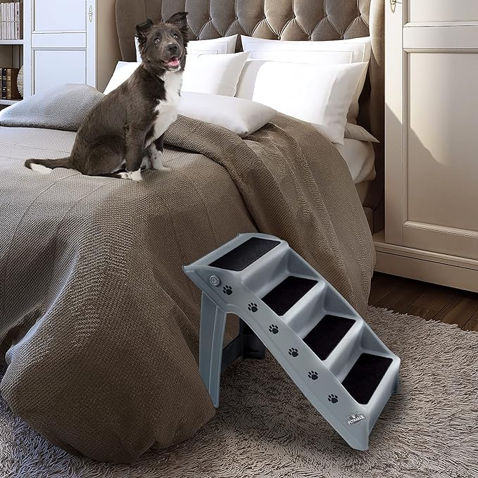 Dog Stairs - Pet Stairs with 4-Step Design for Beds, Couches, Cars - Pet Steps for Puppies, Kittens, and Small Pets by PETMAKER (Gray)