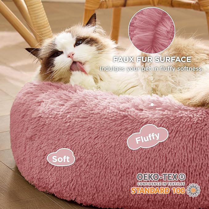 Bedsure Calming Cat Beds for Indoor Cats - Small Cat Bed Washable 20 inches, Anti-Slip Round Fluffy Plush Faux Fur Pet Bed, Fits up to 15 lbs Pets, Mauve Blush