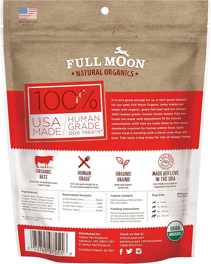 Full Moon Natural Organics Grass Fed Beef Jerky Healthy All Natural Dog Treats Human Grade 14 oz