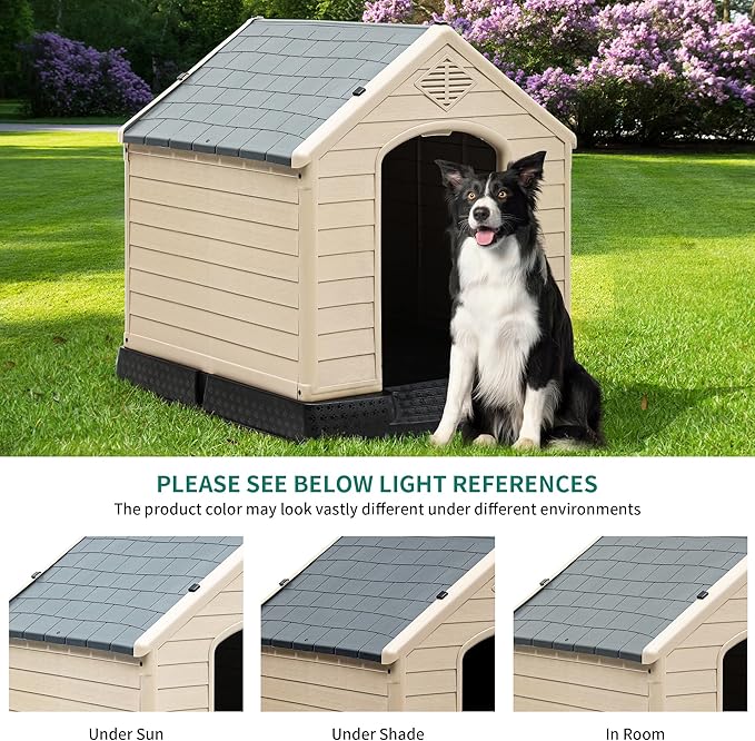 YITAHOME 34.5'' Large Plastic Dog House Outdoor Indoor Doghouse Puppy Shelter Water Resistant Easy Assembly Sturdy Dog Kennel with Air Vents and Elevated Floor (34.5''L*31''W*32''H, Gray+Brown)