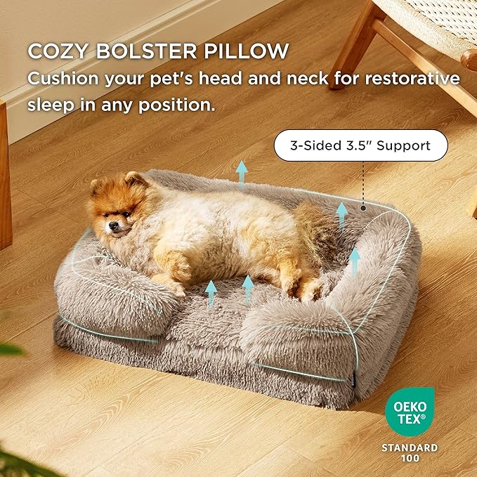 Bedsure Small Orthopedic Dog Bed - Washable Calming Dog Sofa Beds for Small Dogs, Supportive Foam Pet Couch Bed with Removable Washable Cover, Waterproof Lining and Nonskid Bottom Couch, Taupe