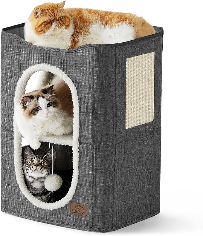 Bedsure 2-Level Cat House for Indoor Cats - Small Cat Towers with Scratch Pad and Hideaway Condo, Cat Cave Bed Furniture for Multi Pets and Large Cats, 18x14x23 inches, Dark Grey