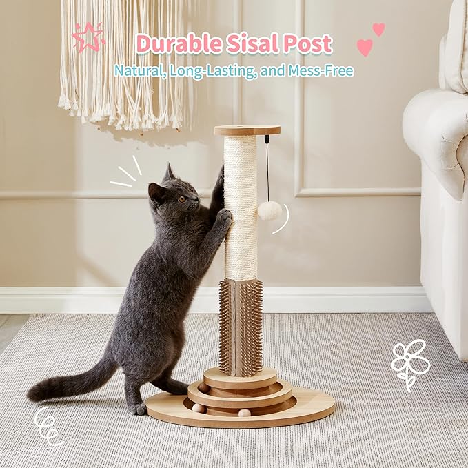 Made4Pets Cat Scratching Post, 23" Tall Sisal Scratcher Post with Cat Self Groomer, 4-in-1 Interactive Trackball Toys with Cat Hair Brush, Vertical Cat Climbing Tree with Dangling Plush Balls