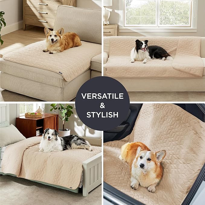 Bedsure 100% Waterproof Bed Cover for Dogs Washable - Non Slip Waterproof Dog Blanket for Bed, Lightweight Furniture Protector Durable for Pet Cat Puppy with Non-slip Bottom, Beige, 82x82IN