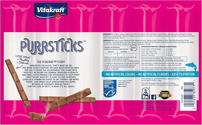 Vitakraft PurrSticks Meaty Cat Sticks - Chicken with Salmon - Segmented and Breakable Meatstick - Deliciously Tender