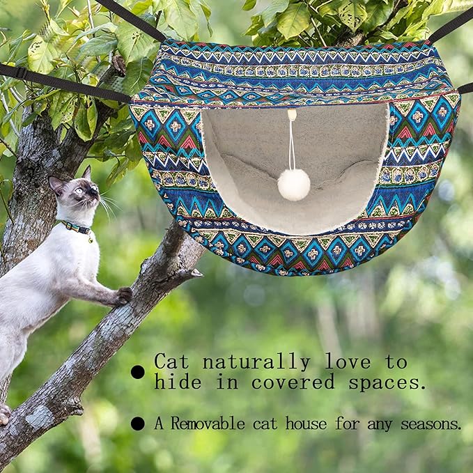 JSPYFITS Cat Cage Hammock with Ball,Double Layer Hanging Adjustable Soft Pet Bed Suit for Kitten Ferret Puppy Rabbit or Small Pets, 2 Level Indoor Pet Bad for All Season(Ethnic Style)