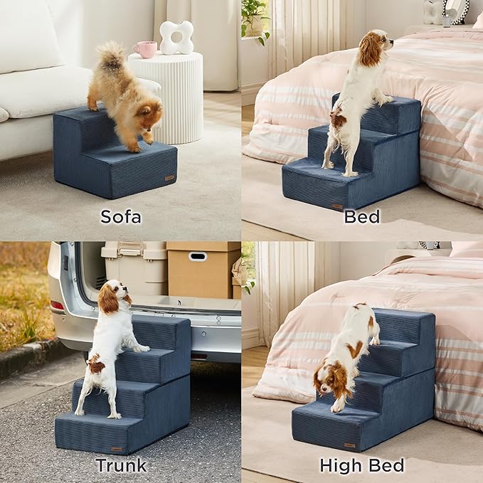 Lesure Dog Stairs for High Beds, Extra Wide Pet Stairs, 3-Steps Dog Steps for Medium/Small Dogs and Old Cats, Foldable Dog Steps with CertiPUR-US Certified Foam and Non-Slip Bottom, Navy