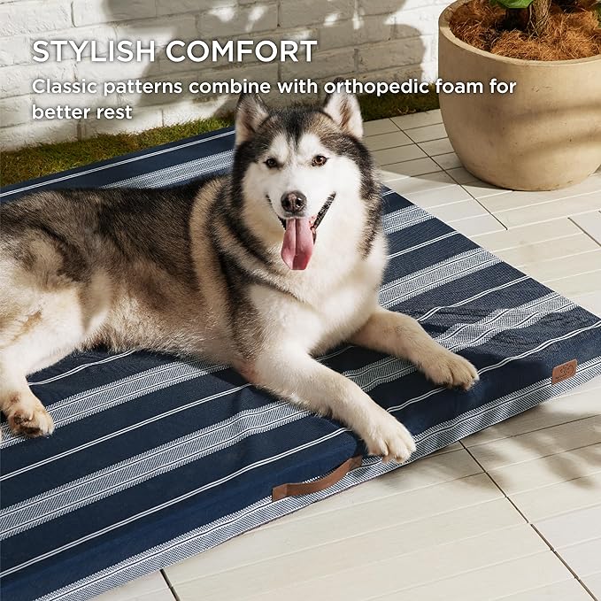 Bedsure Jumbo Large Patterned Dog Bed for Large Dogs, Outdoor Waterproof Orthopedic Egg Foam Dog Bed Comfort Pet Mats for Crate with Removable Washable Cover(54"x44", Navy Blue)