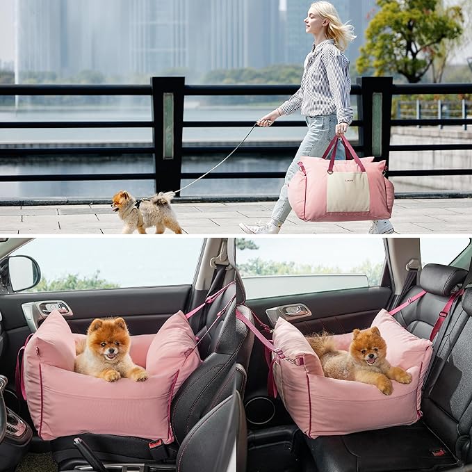 Lesure Small Dog Car Seat for Small Dogs - Waterproof Dog Booster Seat for Car with Storage Pockets and Clip-On Safety Leash and Thickened Memory Foam Filling, Pet Travel Carrier Bed Strawberry Cream