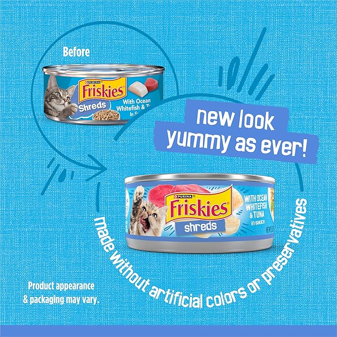 Purina Friskies Wet Cat Food, Shreds With Ocean Whitefish & Tuna in Sauce - (Pack of 24) 5.5 oz. Cans