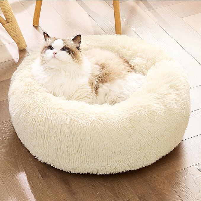 Bedsure Calming Cat Bed for Indoor Cats - Small Washable Round Cat Bed, Anti-Slip Fluffy Plush Faux Fur Pet Bed, Fits up to 15 lbs Pets, Oat Milk, 20 inches