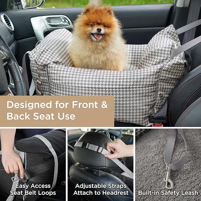 Lesure Small Dog Car Seat for Small Dogs - Waterproof Dog Booster Seat for Car with Storage Pockets and Clip-On Safety Leash and Thickened Memory Foam Filling, Pet Travel Carrier Bed Grey Houndstooth