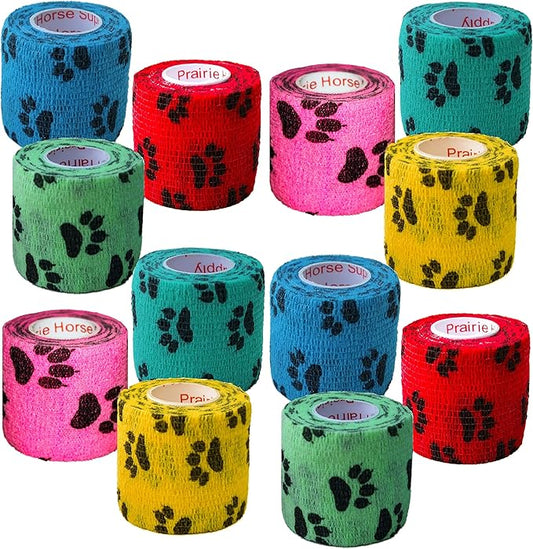 Prairie Horse Supply 2 Inch Vet Wrap Tape Bulk (Paw Prints Variety) (Pack of 12) Self Adhesive Adherent Adhering Flex Bandage Grip Roll for Dog Cat Pet