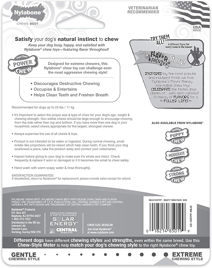 Nylabone Power Chew Classic Bone Chew Toy for Dogs, Durable Dog Toys for Aggressive Chewers, Flavor Frenzy Beef Jerky & Chicken Small/Regular (2 Count)