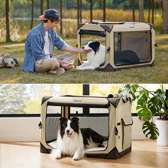 Lesure Collapsible Dog Crate - Portable Dog Travel Crate Kennel for Large Dog, 4-Door Pet Crate with Durable Mesh Windows, Indoor & Outdoor (Khaki)