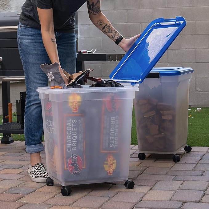 IRIS USA 64 Qt Charcoal Storage Container with Gasket Seal Lid, BPA-Free, Made in USA - Heavy Duty, Grilling Supplies Weather Proof Bin, WEATHERPRO - Clear/Blue