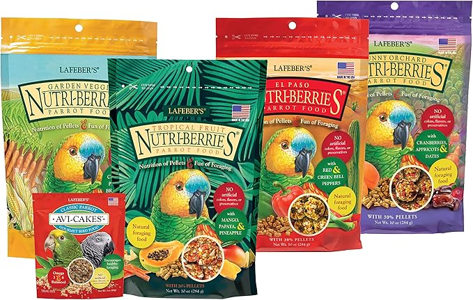 LAFEBER'S Nutri-Berries Pet Bird Food Variety Sampler Bundles, Made with Non-GMO and Human-Grade Ingredients, for Parrots, 10 oz. Each (4 Pk Bundle) with Free Avi-Cake Sample