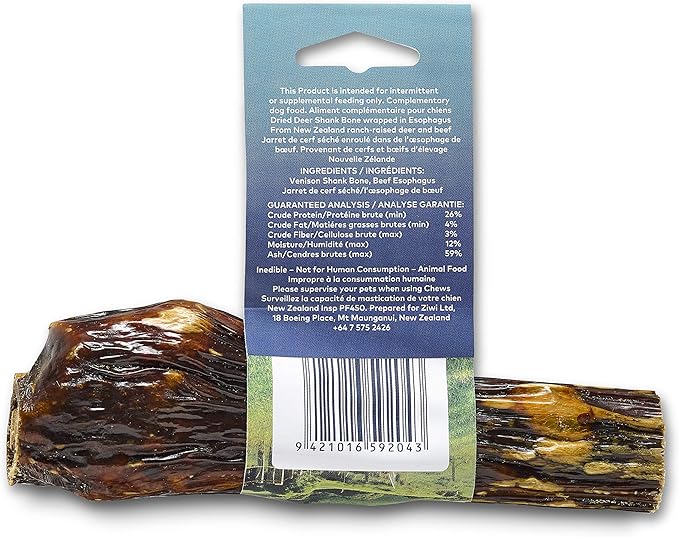 ZIWI Venison Deer Shank – Dog Bone Chew – All Natural, Air-Dried, 2 in 1 Bone Treat Wrapped in Beef Esophagus (Half Shank)